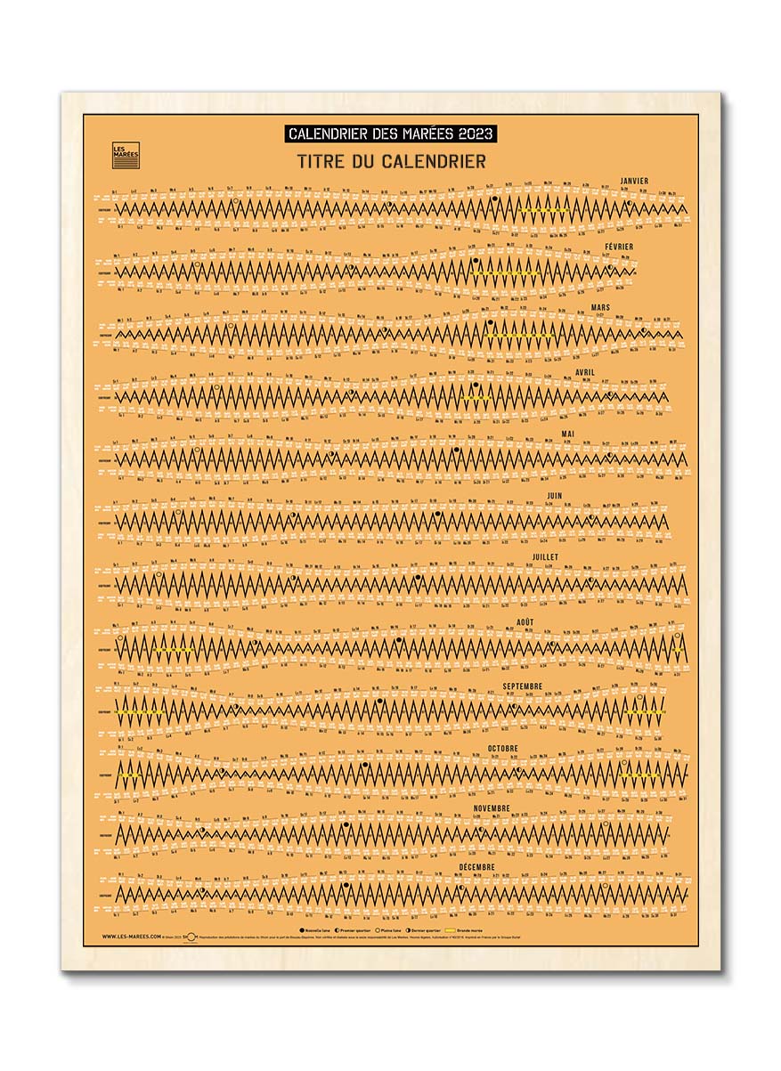 calendrier des marées imprimé sur bois orange