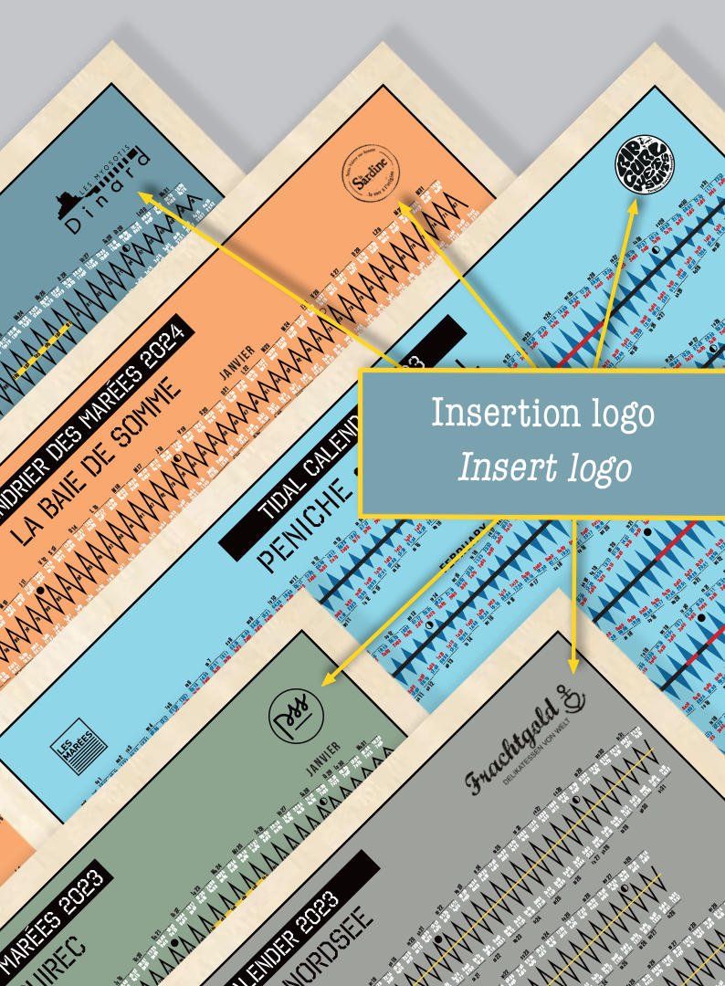 Infographie indiquant la possibilité d'insérer un logo d'entreprise sur le calendrier Les Marées