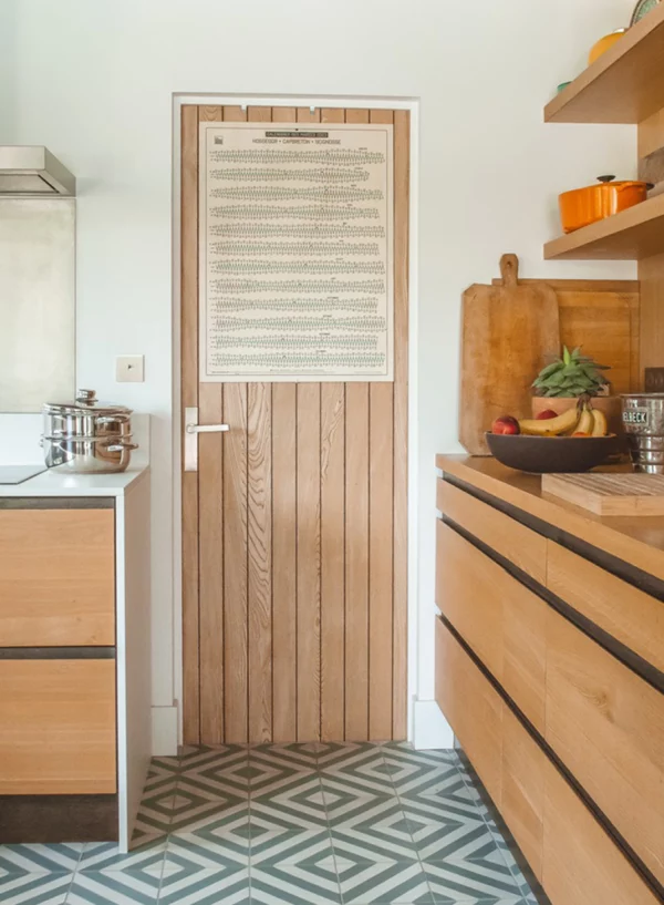 photo of the tide calendar printed on wood displayed in the kitchen