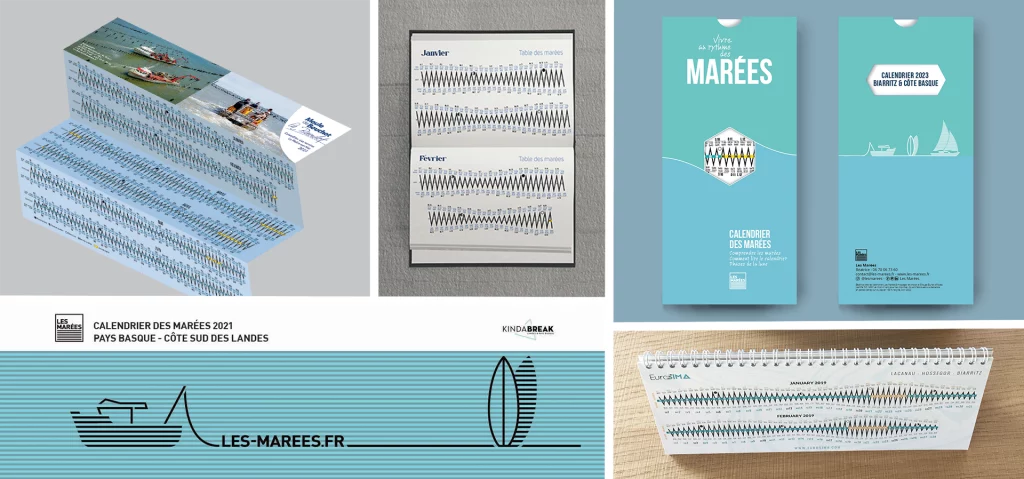 Infographie de modèles de calendrier des marées au format "print" petit format : calendrier de bureau, pochette, accordéon