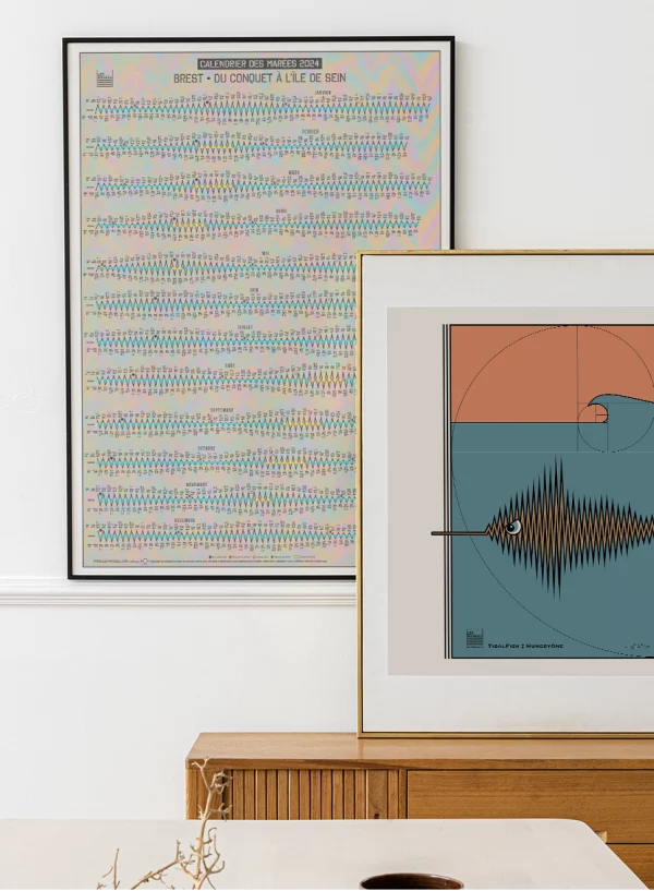 photo du calendrier des marées modèle pop 2024 exposé sur le mur avec une illustration de poisson