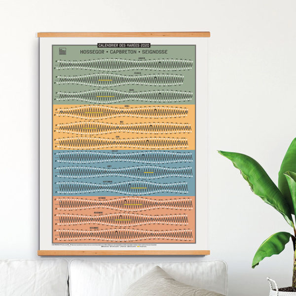 Photo de l'affiche du calendrier des marées exposée à l'aide d'une suspension aimantée en bois