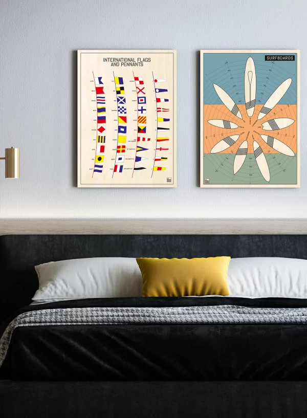International flags and pennants and surfboard illustration displayed together on the bedroom wall (photo)