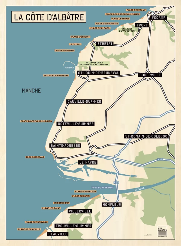 affiche carte des plages de la côte d'Albâtre autour du Havre