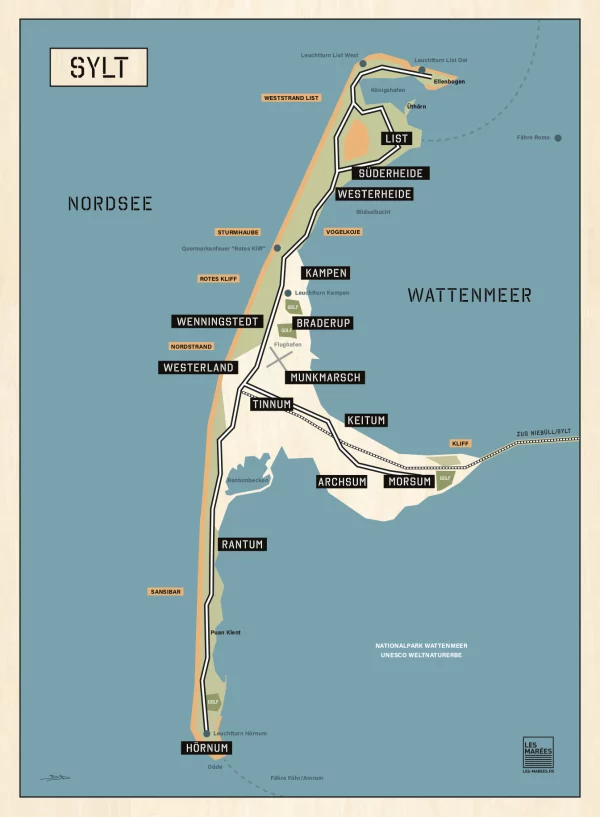 Affiche de la carte de l'île de Sylt en Allemagne sur la Mer du Nord
