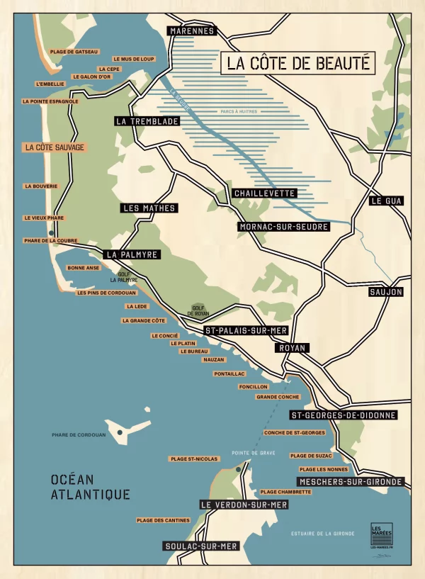 Poster of the map of the beaches of the Côte de Beauté between La Tremblade and Royan