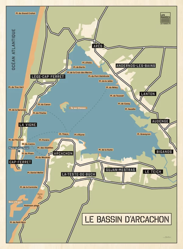 The map of the beaches of the Arcachon Basin printed on wood in 60 x 80 cm format