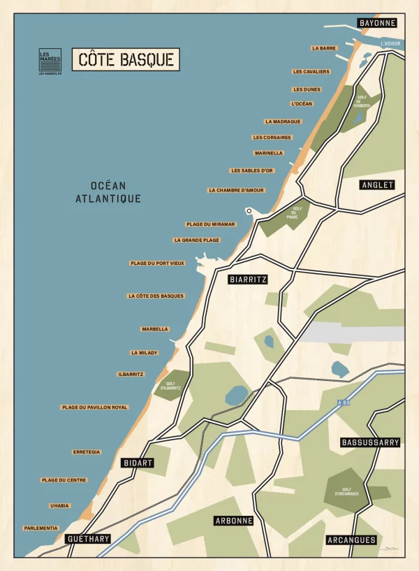 Affiche de la carte des plages de la côte Basque autour de Biarritz