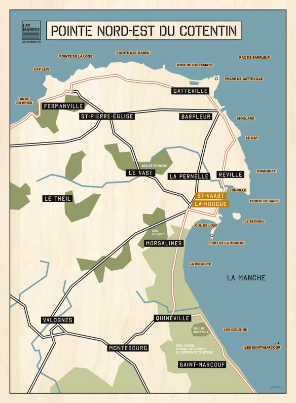 Affiche de la carte des plages de la pointe nord-est du Cotentin autour de Saint-Vaast-la-Hougue