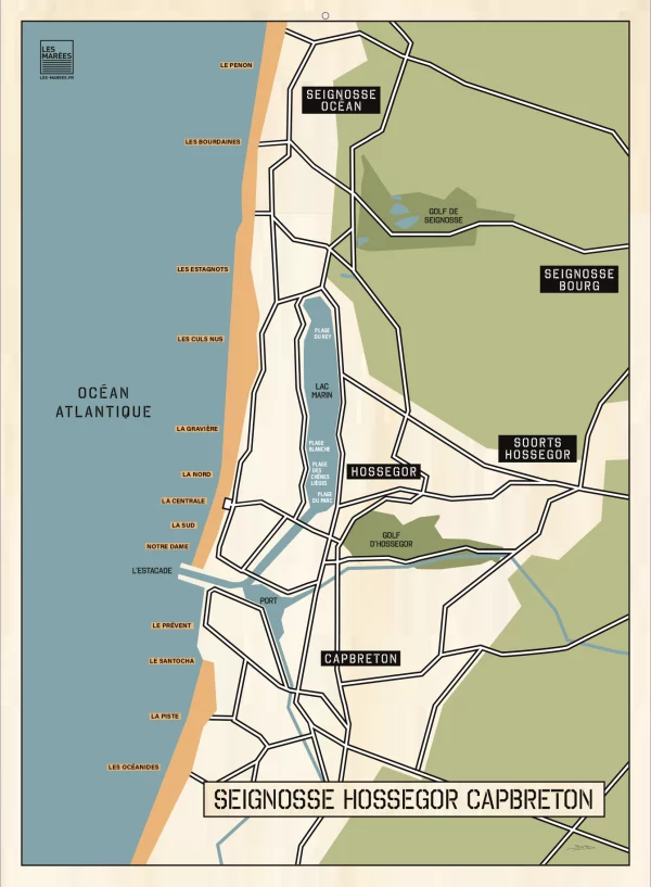 Poster of the map of the beaches of Seignosse Hossegor and Capbreton