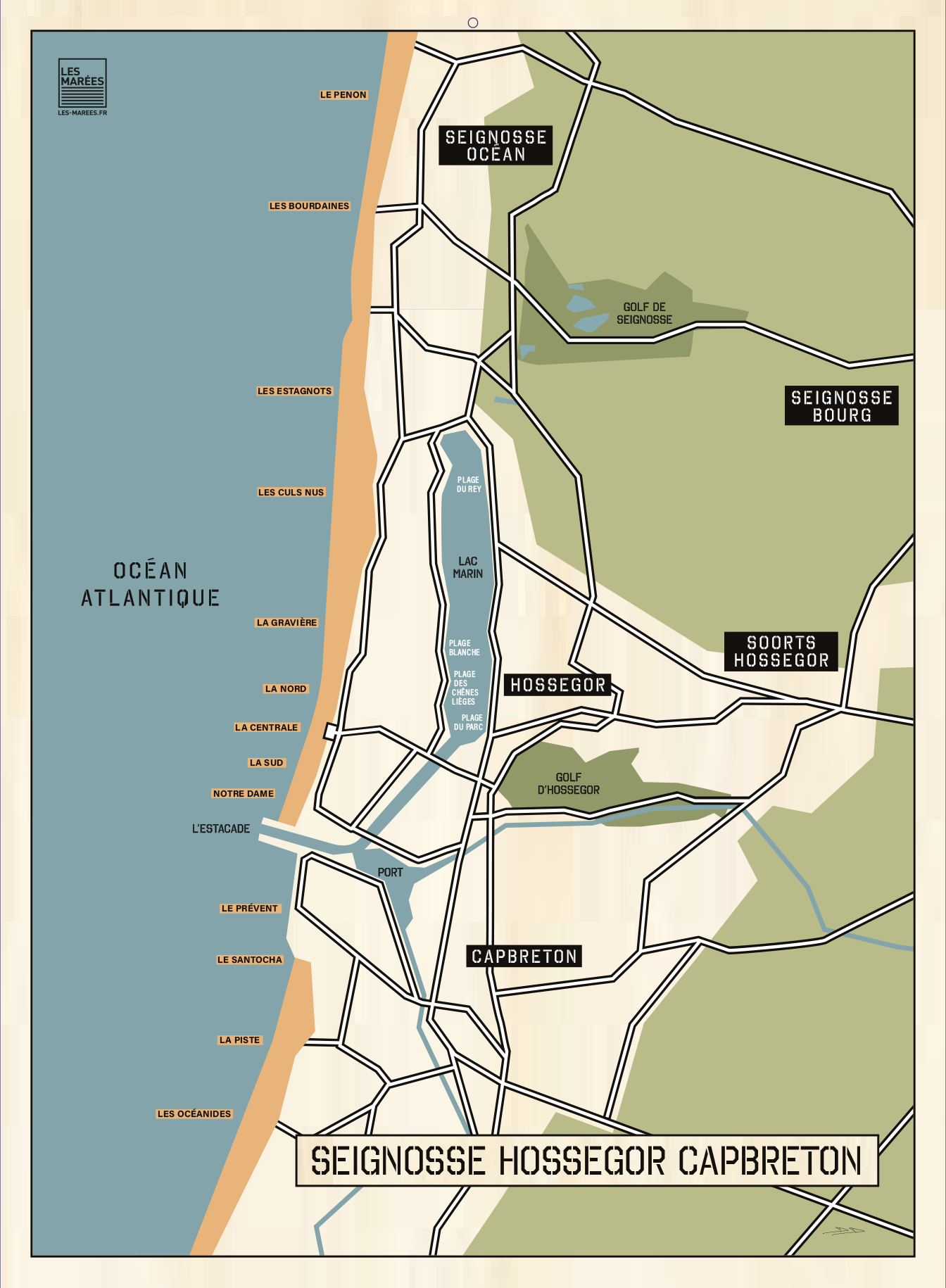 Affiche de la carte des plages de Seignosse Hossegor et Capbreton