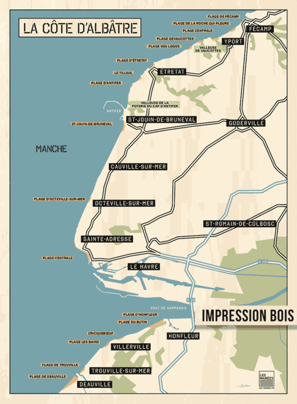 Images of beach map posters of a coastal area printed on poplar wood in 60 x 80 cm format