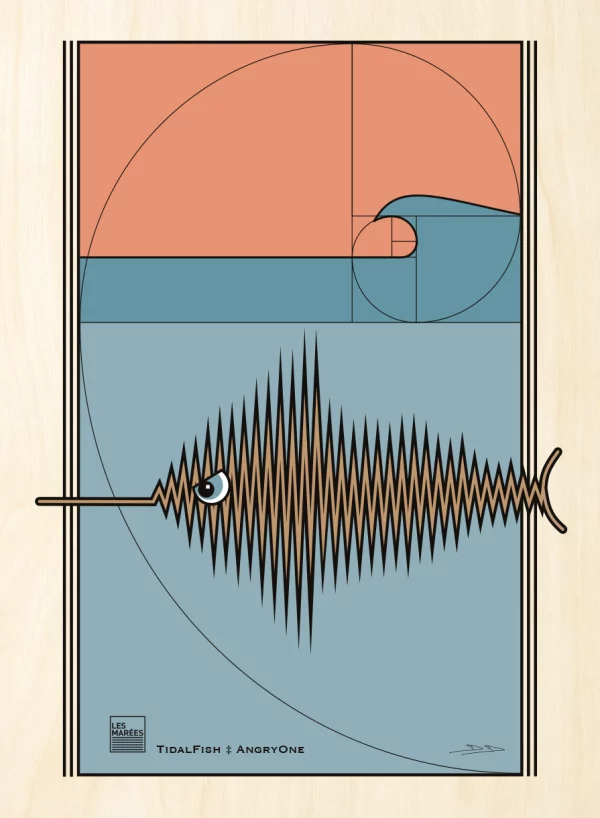 poster of an original fish under the perfect wave. Golden triangle layout. Pastel colors