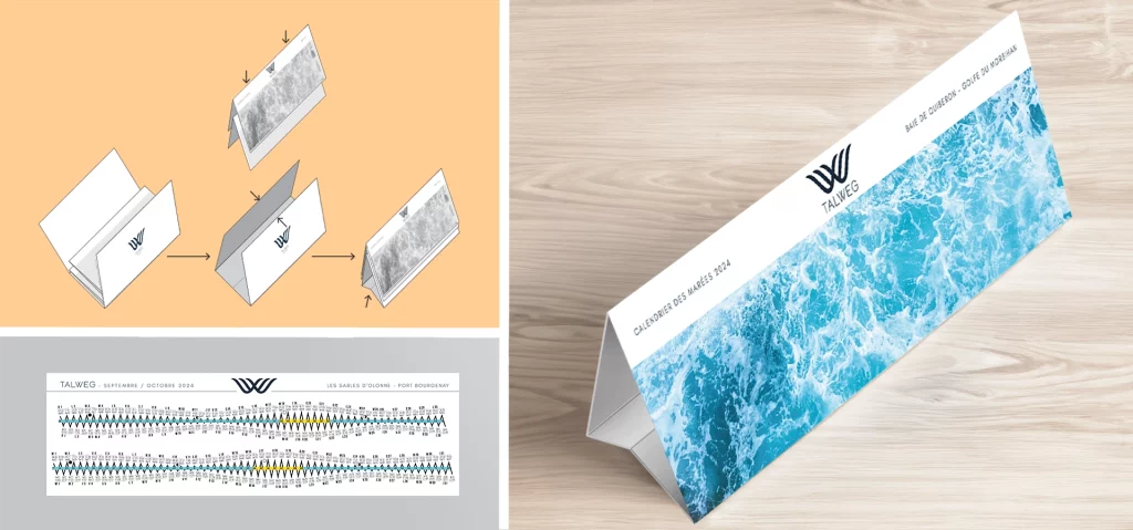 Calendrier des marées de bureau sans attaches. La pochette devient chevalet qui présente les courbes de marées.