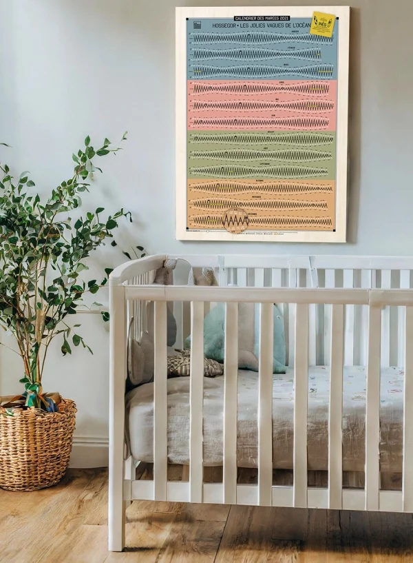 photo d'un calendrier des marées de naissance exposé au dessus d'un lit bébé