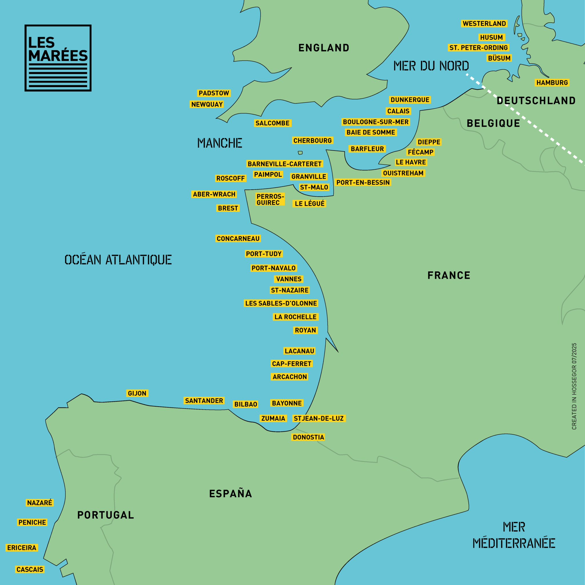Carte des zones de marées 2025 proposées par la marque Les Marées