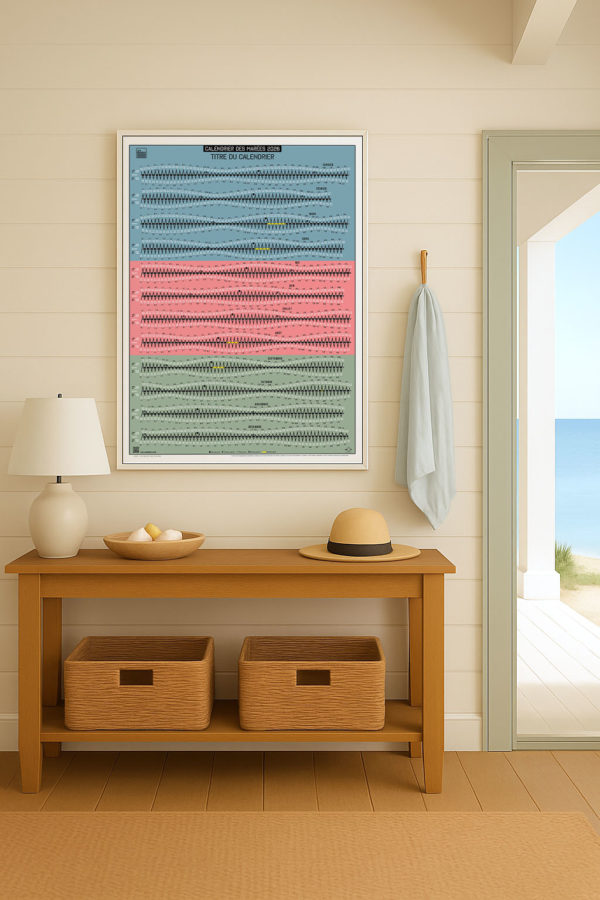 Affiche calendrier des marées dans une entrée de maison en bord de mer