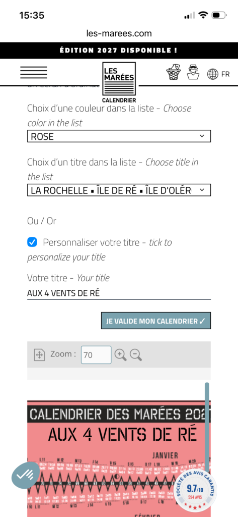 Image de l'espace personnalisation des calendriers des marées sur mobile